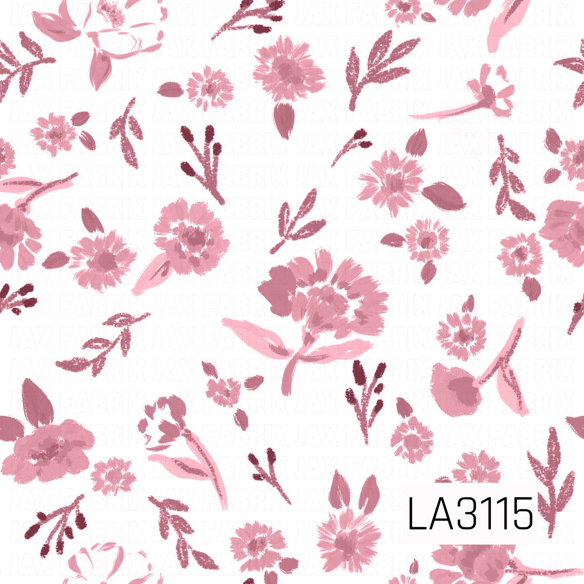 A delicate, hand-painted floral design featuring scattered blossoms in soft shades of dusty rose, mauve, blush pink, and deep berry. A mix of larger, loosely painted flowers, dainty blooms, leafy sprigs, and delicate stems creates an airy, whimsical pattern against a crisp white background. The textured brushstrokes give this print a soft watercolor feel with a touch of vintage charm.