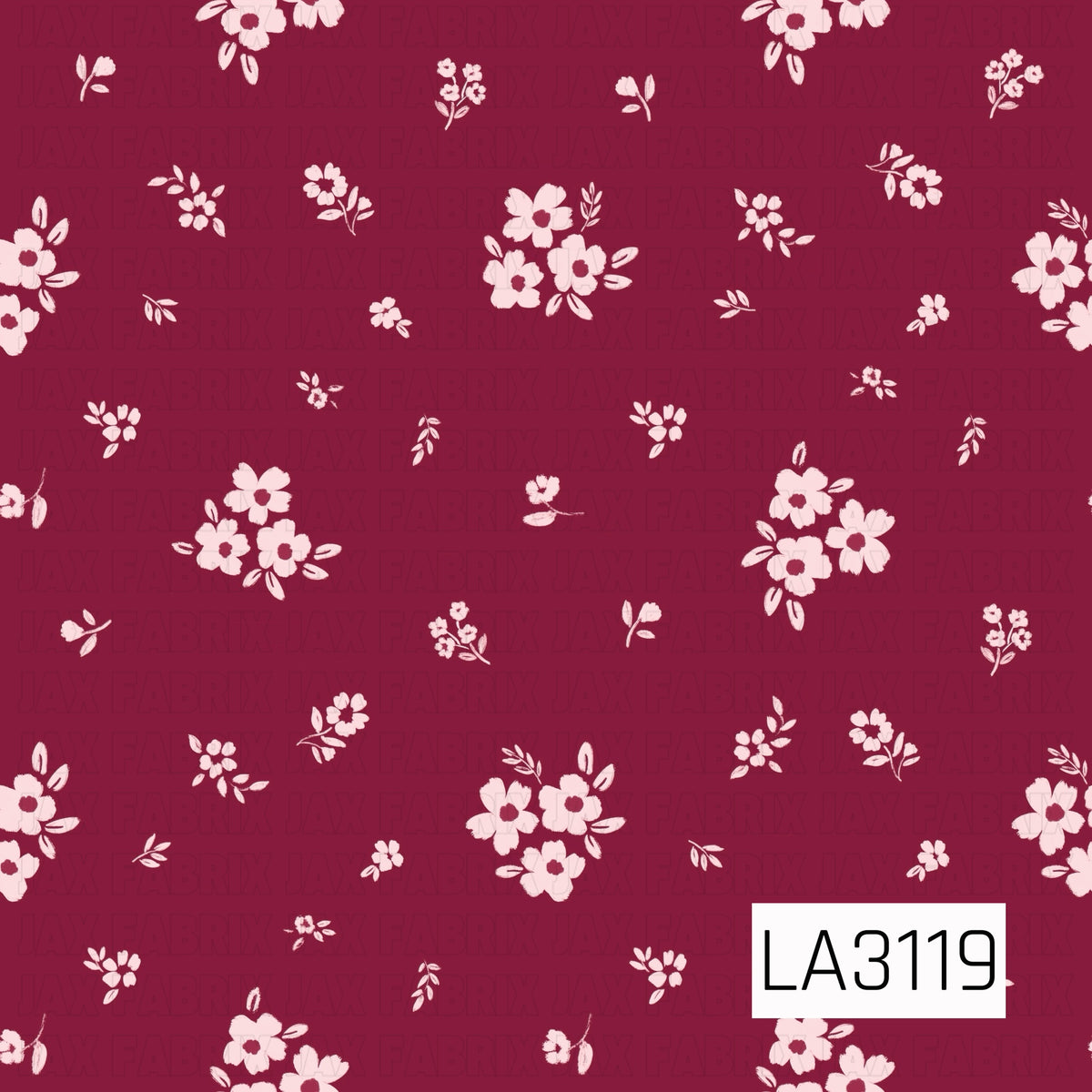 A delicate vintage-inspired floral pattern featuring soft blush pink flowers with deep burgundy centers, scattered in small clusters across a rich burgundy background. Tiny blossoms, dainty buds, and slender leafy sprigs fill the spaces between the larger flowers. The lightly textured, hand-painted details and airy, spaced-out arrangement give this print a sweet, feminine, and timeless feel.