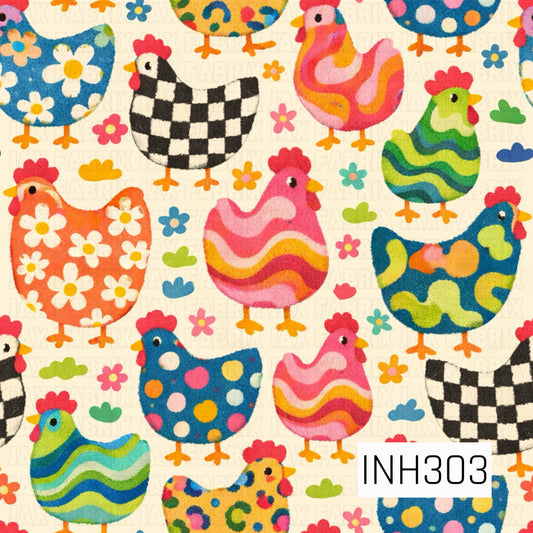 Pattern of groovy bright colorful variety of chickens and flowers on a beige background.
chickens are black and white check, blue green swirl, blue pink yellow and orange swirl, white and yellow flowers on orange chicken, white flowers on blue chicken.