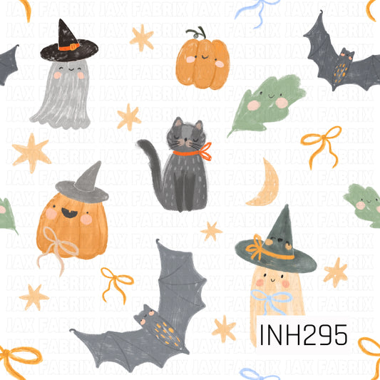 Halloween-themed pattern with watercolor pumpkins, cats, bats, and ghosts on a white background.
