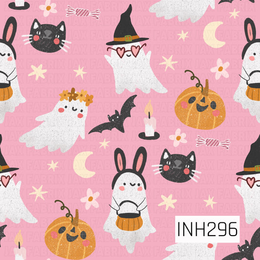 halloween Ghosts dressed in costumes  wearing witch hats, flower crowns, bunny ears.  Pumpkin. cats, candy, bats,moons and flowers in the background with a pink background
