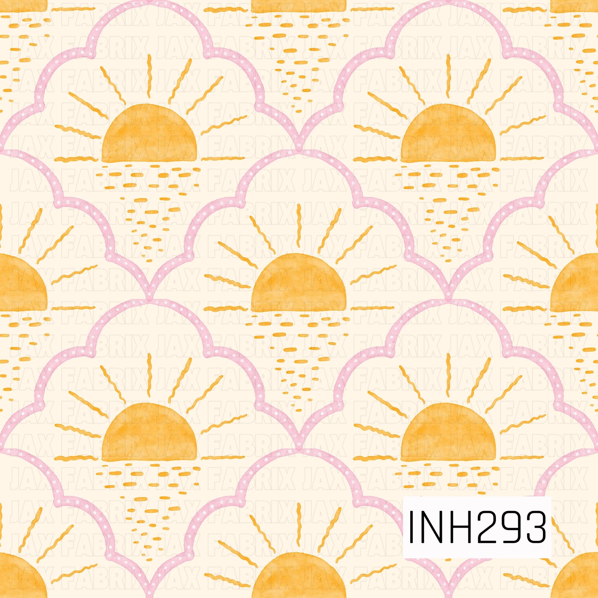 Pattern with yellow suns in pink scalloped frames on a beige background, featuring the code INH293.