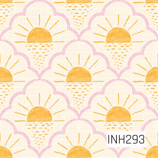 Pattern with yellow suns in pink scalloped frames on a beige background, featuring the code INH293.