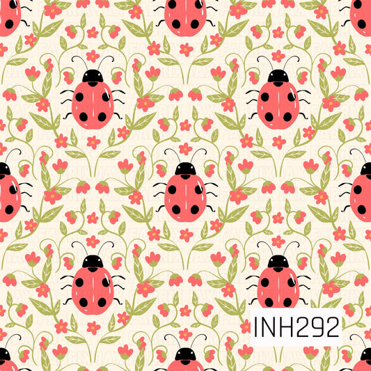 Pattern of ladybugs and flowers on a beige background with 'INH292' label.
