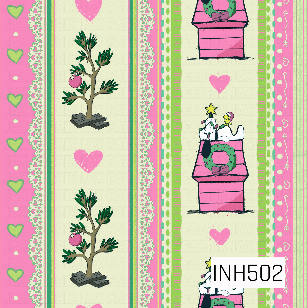 A playful retro Christmas stripe pattern featuring a festive pup lounging on top of a pink doghouse decorated with a green wreath, colorful Christmas lights, and a tiny bird friend. Simple sparse Christmas trees with pink ornaments and hand-drawn hearts alternate between the character panels. Decorative vertical borders filled with hearts, dots, scallops, arrows, and narrow stripes complete the design in bright pink, lime green, cream, and touches of teal.