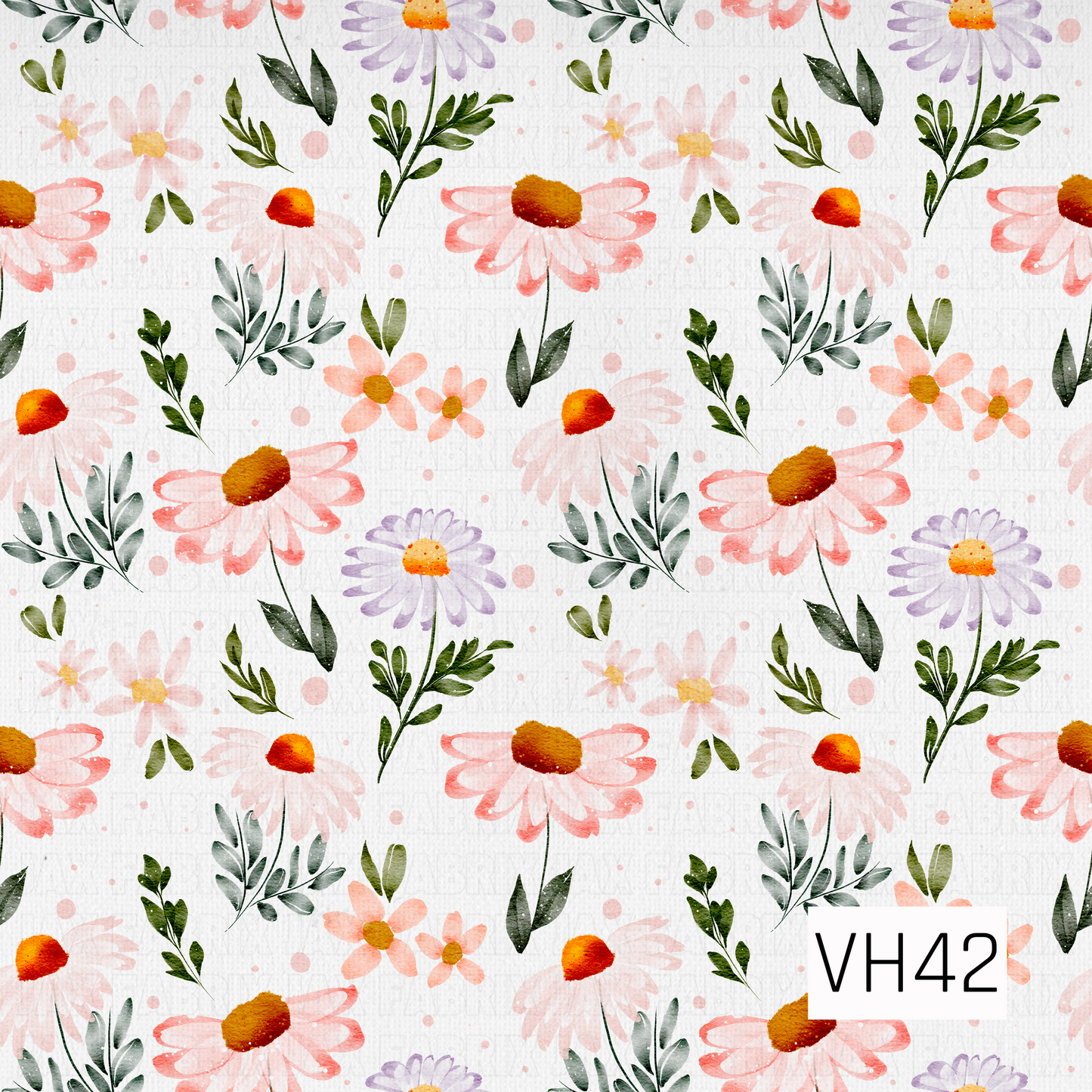 Watercolor floral pattern featuring soft blush and coral daisies, lavender blooms, golden centers, and leafy green sprigs scattered across a lightly textured white background.

