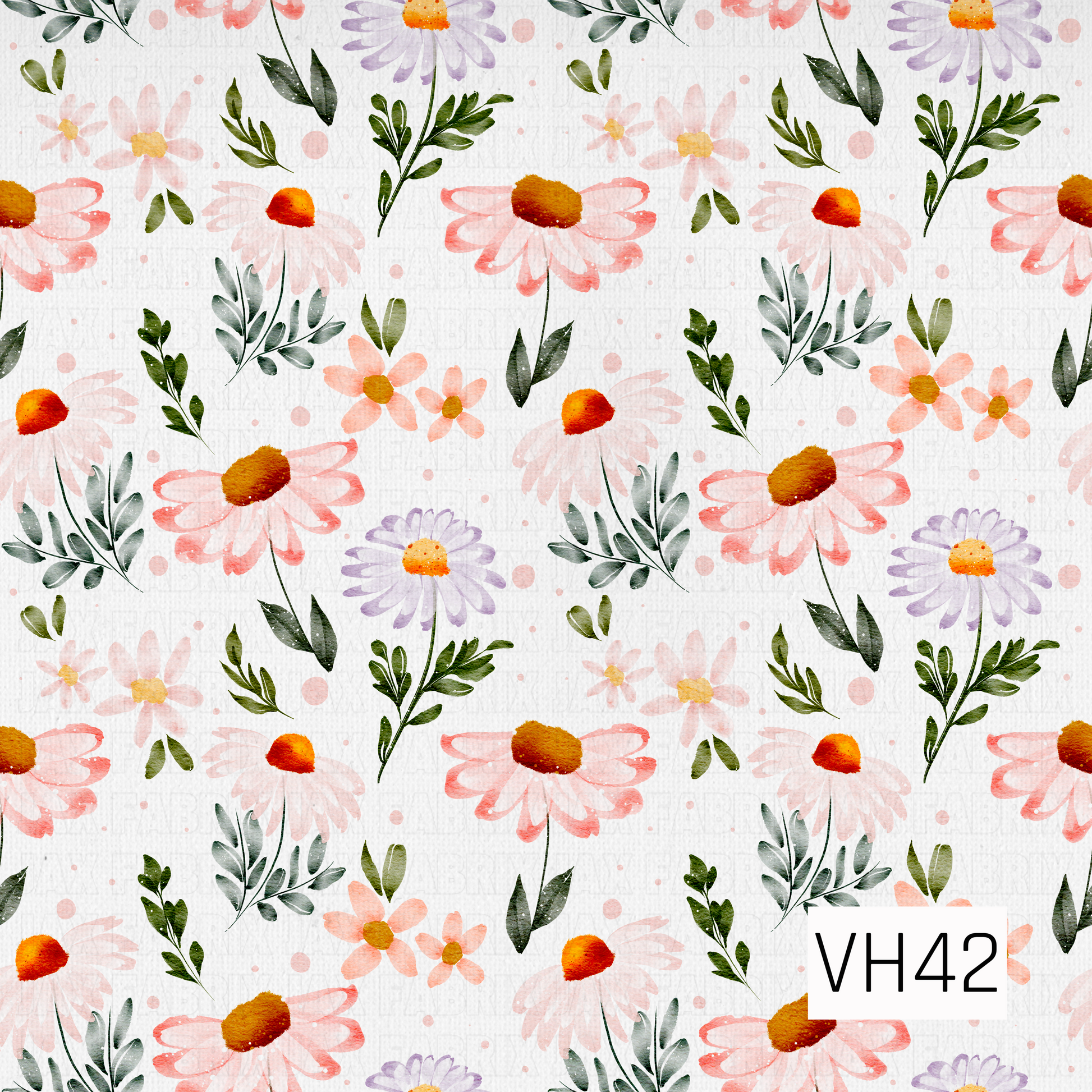 Watercolor floral pattern featuring soft blush and coral daisies, lavender blooms, golden centers, and leafy green sprigs scattered across a lightly textured white background.
