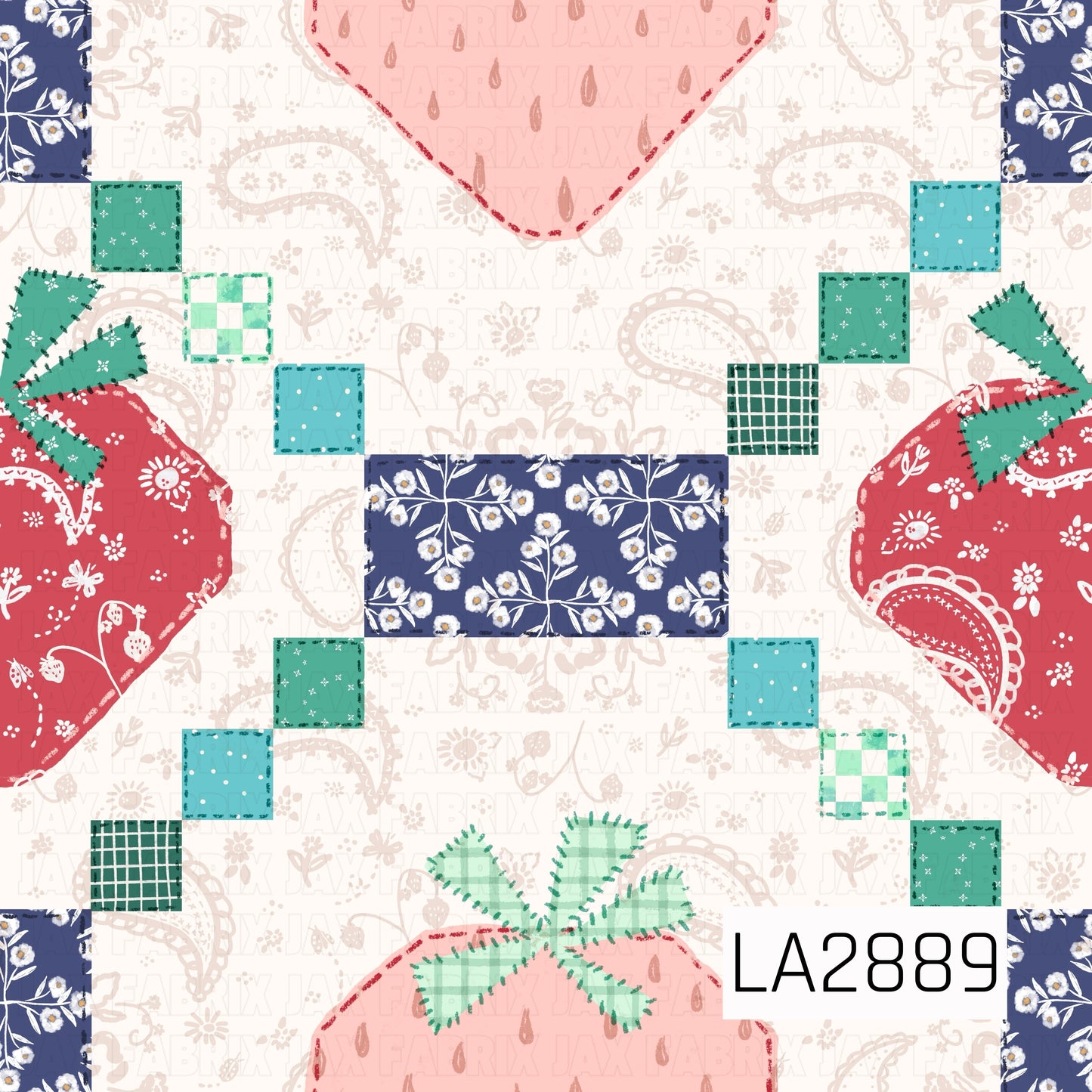 A charming patchwork-inspired strawberry print featuring sweet pink strawberries, delicate floral blocks, gingham patches, and vintage-style fabric textures. Set against a soft cream background with subtle paisley details, this design combines cottagecore charm with a handmade quilt aesthetic. Navy floral accents, mint green patchwork squares, and whimsical stitching details add depth and character, creating a cozy, nostalgic feel. Perfect for strawberry lovers, cottagecore projects, shabby chic designs.