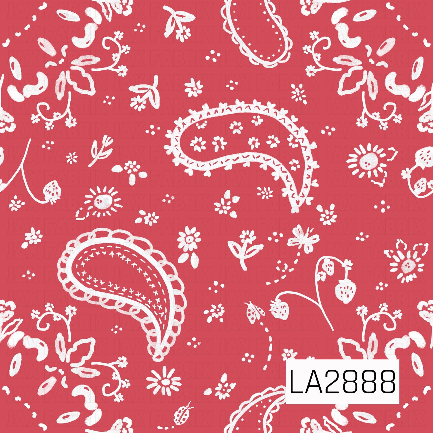 A bold western-inspired print featuring crisp white paisley designs scattered across a rich cherry red background. Delicate florals, strawberries, vines, and whimsical botanical accents are woven throughout the pattern, creating a fresh take on a classic bandana style. The striking red and white color palette adds timeless country charm while maintaining a sweet, feminine feel. Perfect for western, rodeo, patriotic, Valentine's, and vintage-inspired projects.
