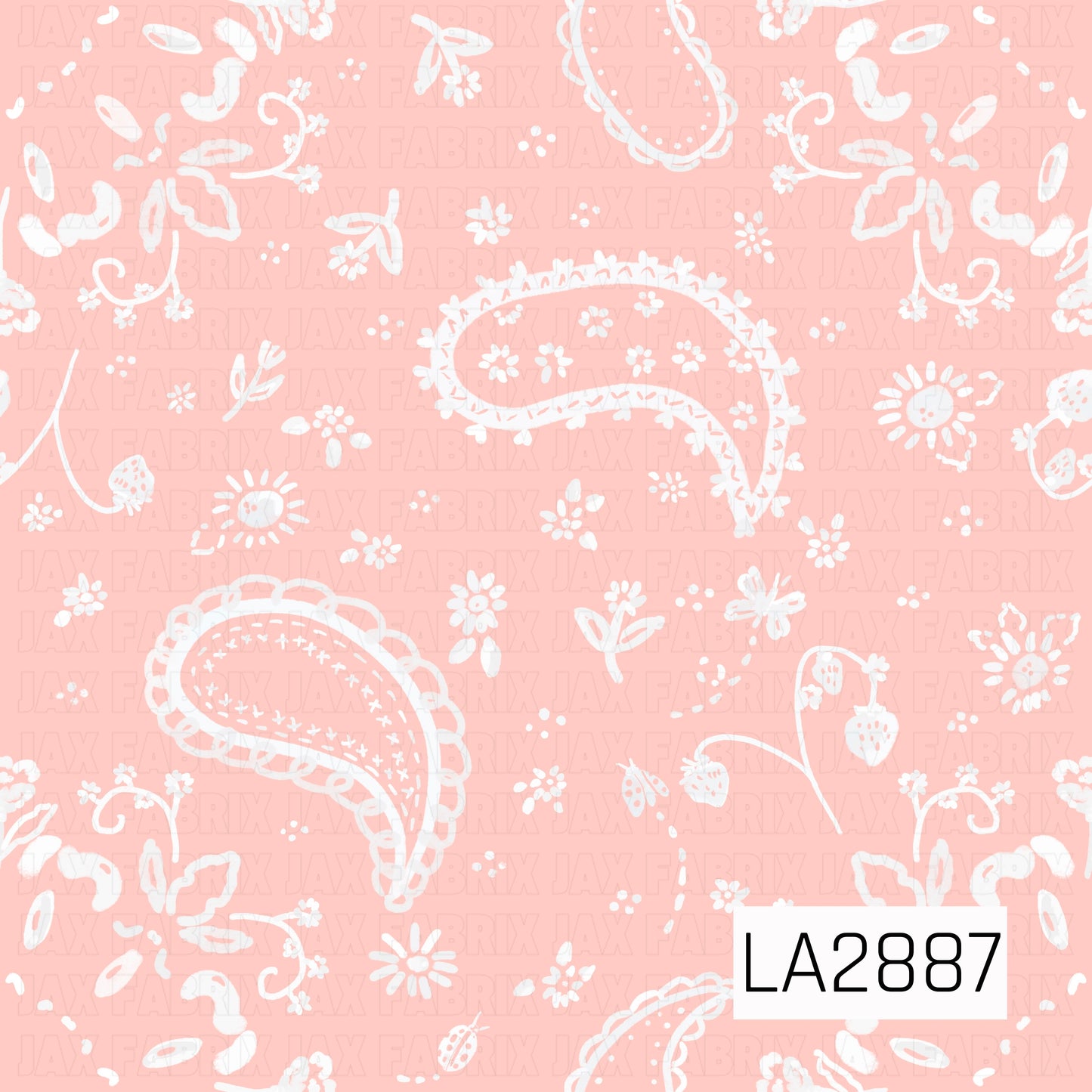 A sweet and feminine western-inspired print featuring delicate white paisley designs scattered across a soft blush pink background. Tiny florals, strawberries, vines, and whimsical botanical accents are woven throughout the pattern, creating a charming vintage look. The crisp white details pop beautifully against the pastel pink backdrop, blending classic bandana style with a soft coquette aesthetic. Perfect for western, cottagecore, shabby chic, and girly-themed projects.
