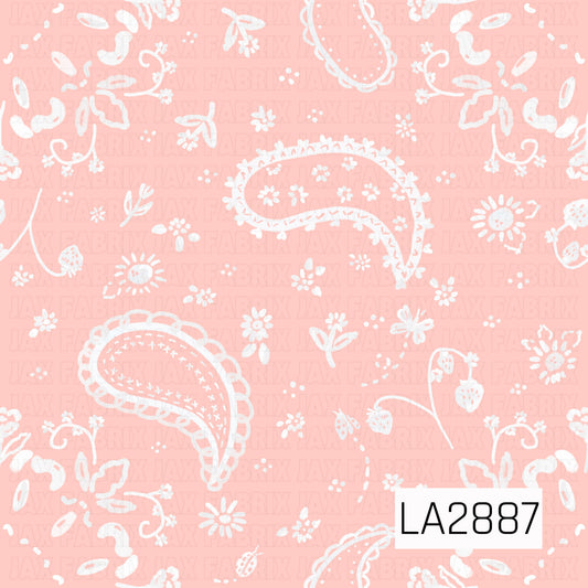 A sweet and feminine western-inspired print featuring delicate white paisley designs scattered across a soft blush pink background. Tiny florals, strawberries, vines, and whimsical botanical accents are woven throughout the pattern, creating a charming vintage look. The crisp white details pop beautifully against the pastel pink backdrop, blending classic bandana style with a soft coquette aesthetic. Perfect for western, cottagecore, shabby chic, and girly-themed projects.
