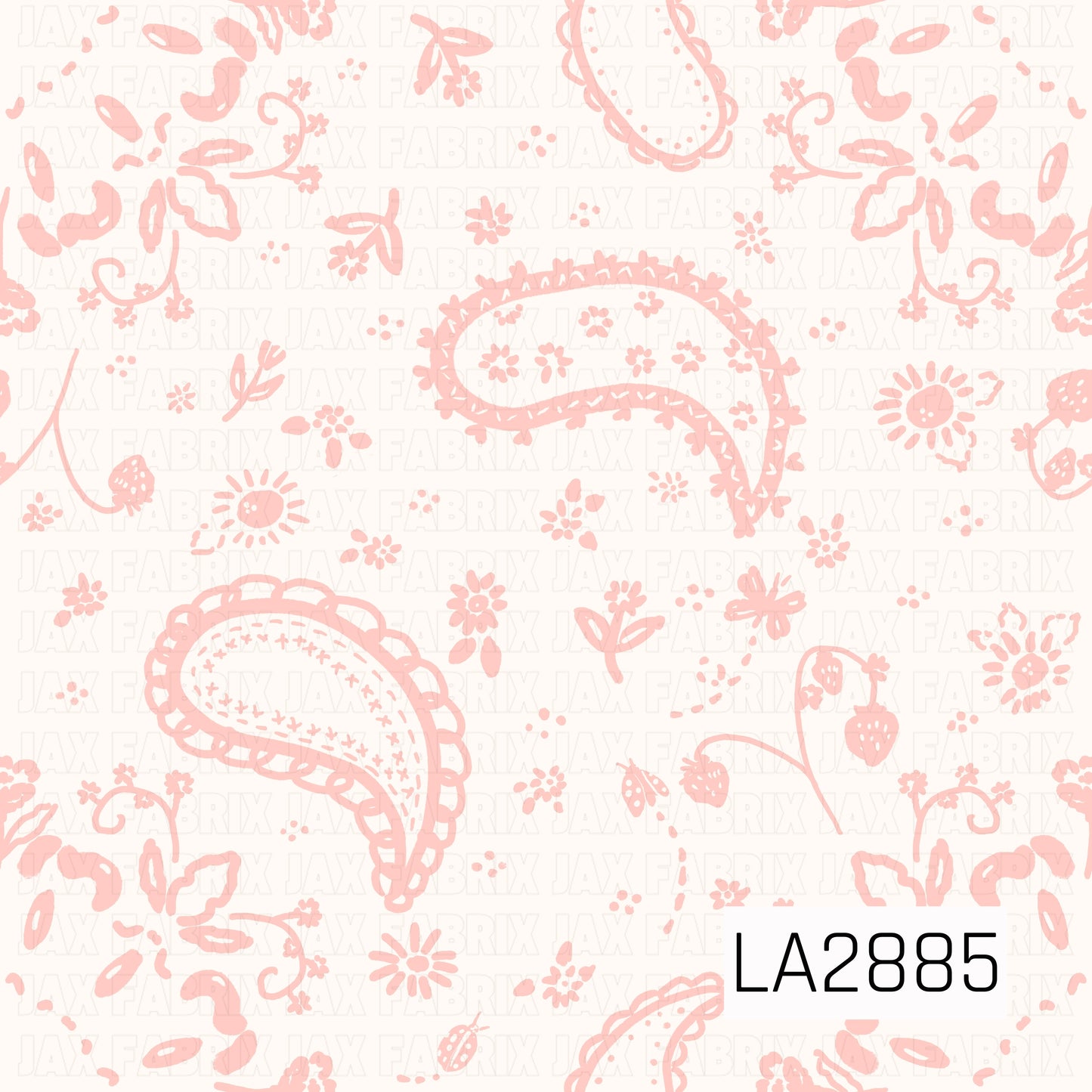 A delicate western-inspired floral pattern featuring soft blush pink paisley prints scattered across a creamy white background. Tiny flowers, strawberries, vines, and dainty botanical accents are woven throughout the design, creating a sweet vintage aesthetic. The monochromatic pink palette gives it a soft, feminine feel, while the classic bandana elements add a subtle country charm. Perfect for western, coquette, shabby chic, and cottagecore-inspired projects.
