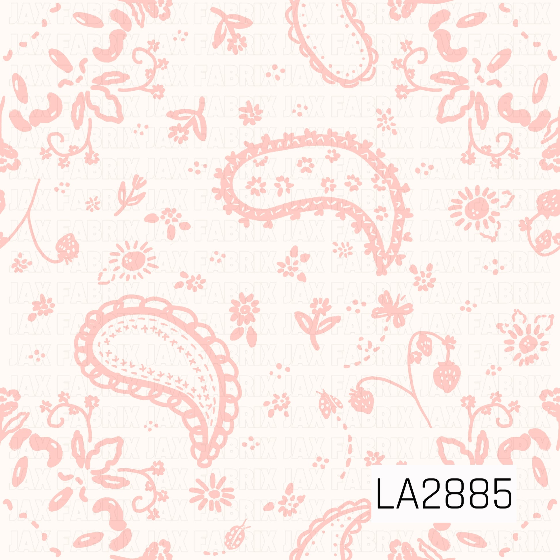 A delicate western-inspired floral pattern featuring soft blush pink paisley prints scattered across a creamy white background. Tiny flowers, strawberries, vines, and dainty botanical accents are woven throughout the design, creating a sweet vintage aesthetic. The monochromatic pink palette gives it a soft, feminine feel, while the classic bandana elements add a subtle country charm. Perfect for western, coquette, shabby chic, and cottagecore-inspired projects.
