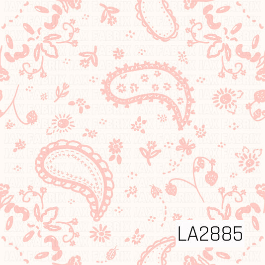 A delicate western-inspired floral pattern featuring soft blush pink paisley prints scattered across a creamy white background. Tiny flowers, strawberries, vines, and dainty botanical accents are woven throughout the design, creating a sweet vintage aesthetic. The monochromatic pink palette gives it a soft, feminine feel, while the classic bandana elements add a subtle country charm. Perfect for western, coquette, shabby chic, and cottagecore-inspired projects.
