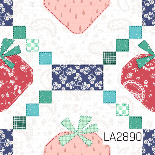 A charming patchwork strawberry design featuring oversized pink strawberries paired with floral fabric blocks, gingham accents, and stitched quilt-inspired details. Set on a soft cream background with subtle paisley motifs, this print combines vintage farmhouse style with sweet country charm. The mix of delicate florals, patchwork textures, and berry elements creates a cozy handmade feel, making it perfect for cottagecore, shabby chic, and strawberry-themed projects.
