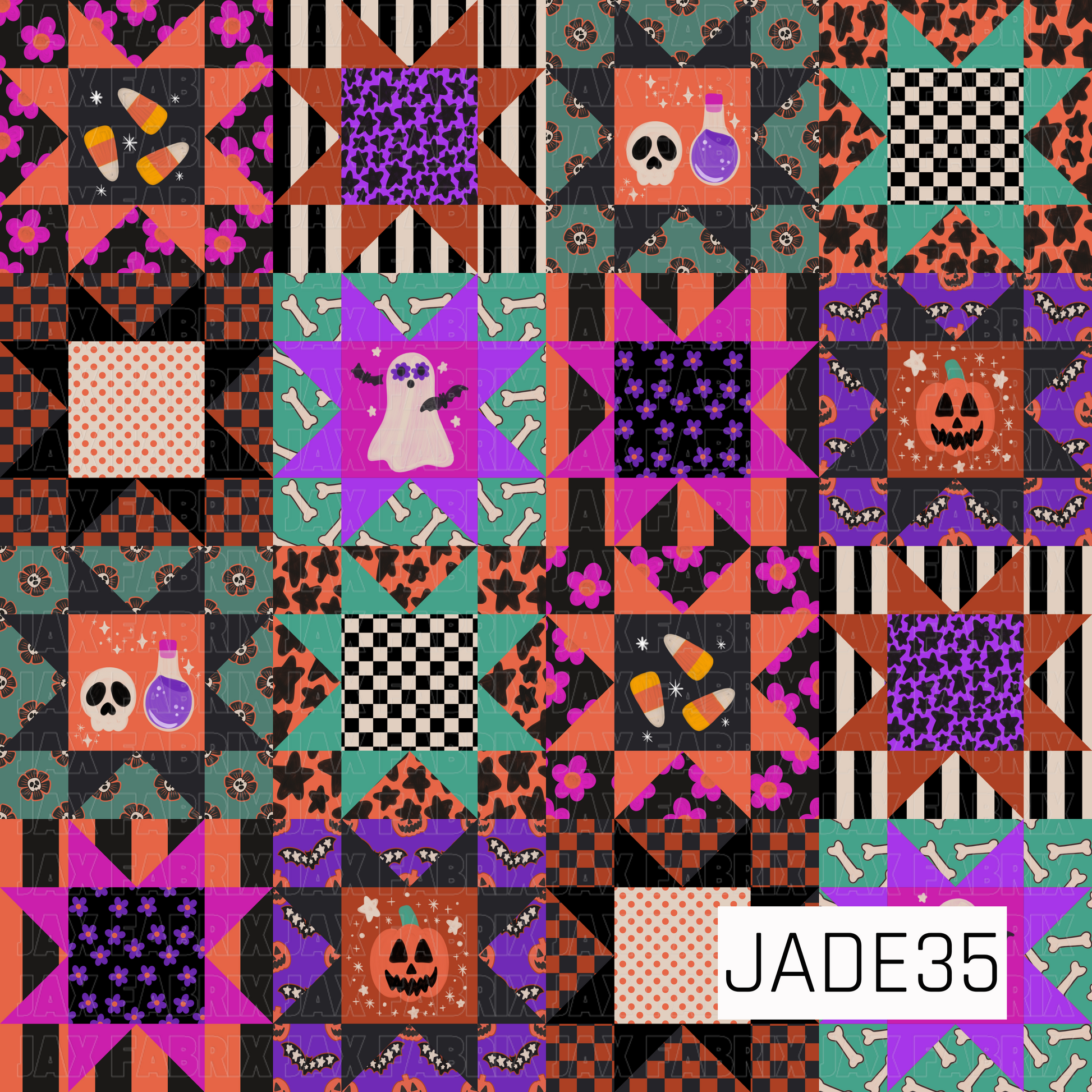 A seamless patchwork quilt pattern featuring classic star blocks filled with a playful mix of Halloween-inspired prints. The design combines skulls, ghosts, jack-o'-lanterns, bats, candy corn, potion bottles, bones, florals, checkerboard, stripes, and abstract coordinates in vibrant shades of orange, purple, teal, black, and cream. The bold quilt-inspired layout creates a nostalgic spooky-season aesthetic, perfect for Halloween projects, festive accessories, and retro-inspired autumn creations