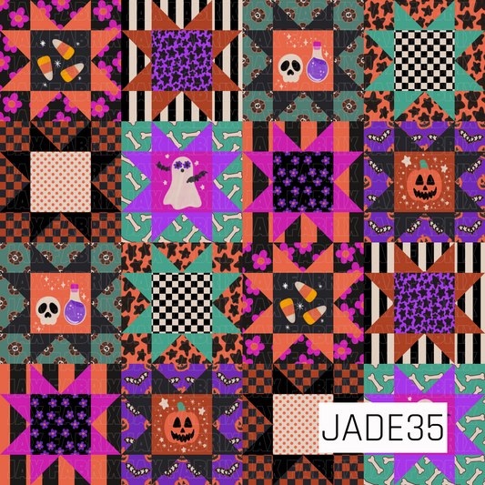 A seamless patchwork quilt pattern featuring classic star blocks filled with a playful mix of Halloween-inspired prints. The design combines skulls, ghosts, jack-o'-lanterns, bats, candy corn, potion bottles, bones, florals, checkerboard, stripes, and abstract coordinates in vibrant shades of orange, purple, teal, black, and cream. The bold quilt-inspired layout creates a nostalgic spooky-season aesthetic, perfect for Halloween projects, festive accessories, and retro-inspired autumn creations