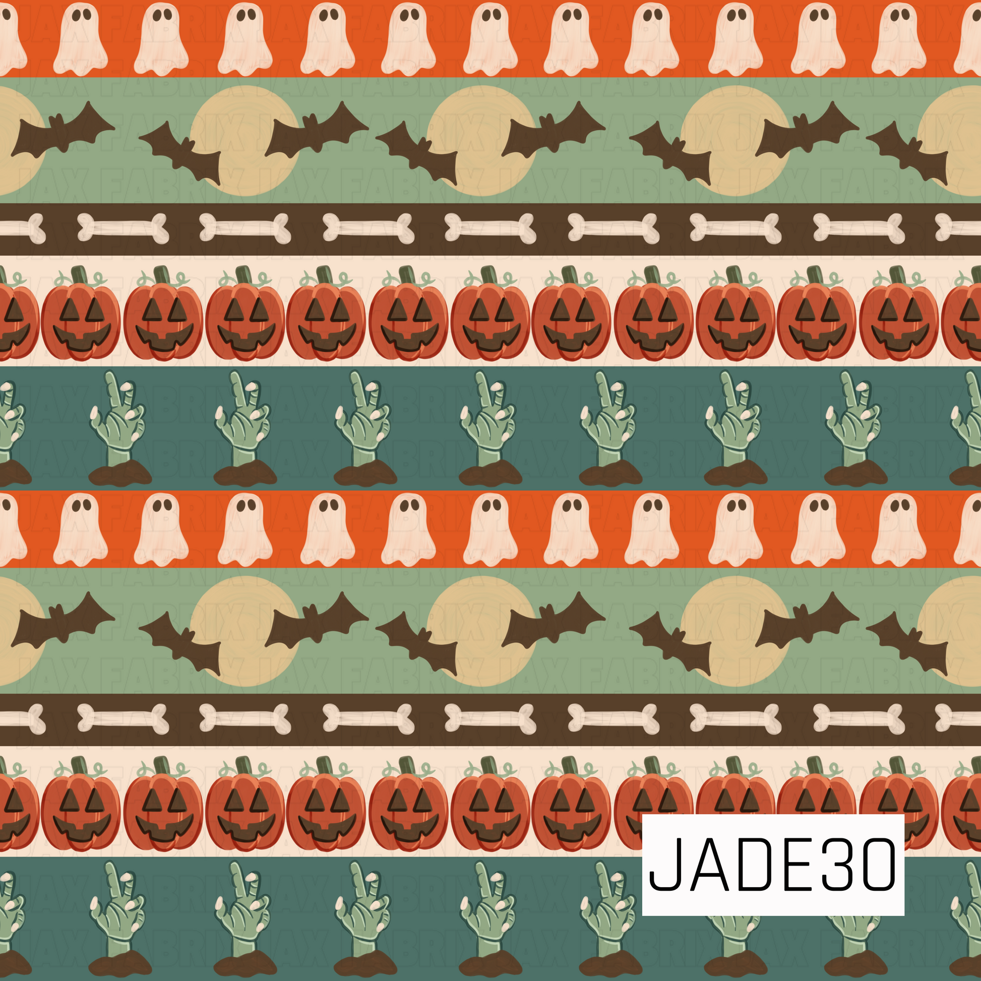 A seamless horizontal stripe pattern featuring rows of classic Halloween icons in a vintage-inspired color palette. Playful white ghosts, flying bats silhouetted against full moons, scattered bones, smiling jack-o'-lanterns, and emerging zombie hands alternate across bands of pumpkin orange, muted sage green, chocolate brown, and soft cream. 