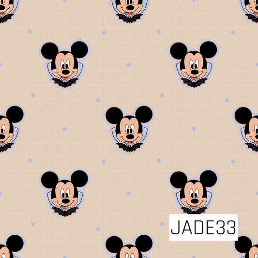 A seamless tossed pattern featuring cheerful cartoon mouse vampire portraits scattered across a soft cream background. Each character is framed with a light blue outline and a black bat-shaped collar, while small blue stars are sprinkled throughout the design. The playful arrangement creates a fun, family-friendly Halloween aesthetic perfect for seasonal apparel, accessories, and festive projects.
