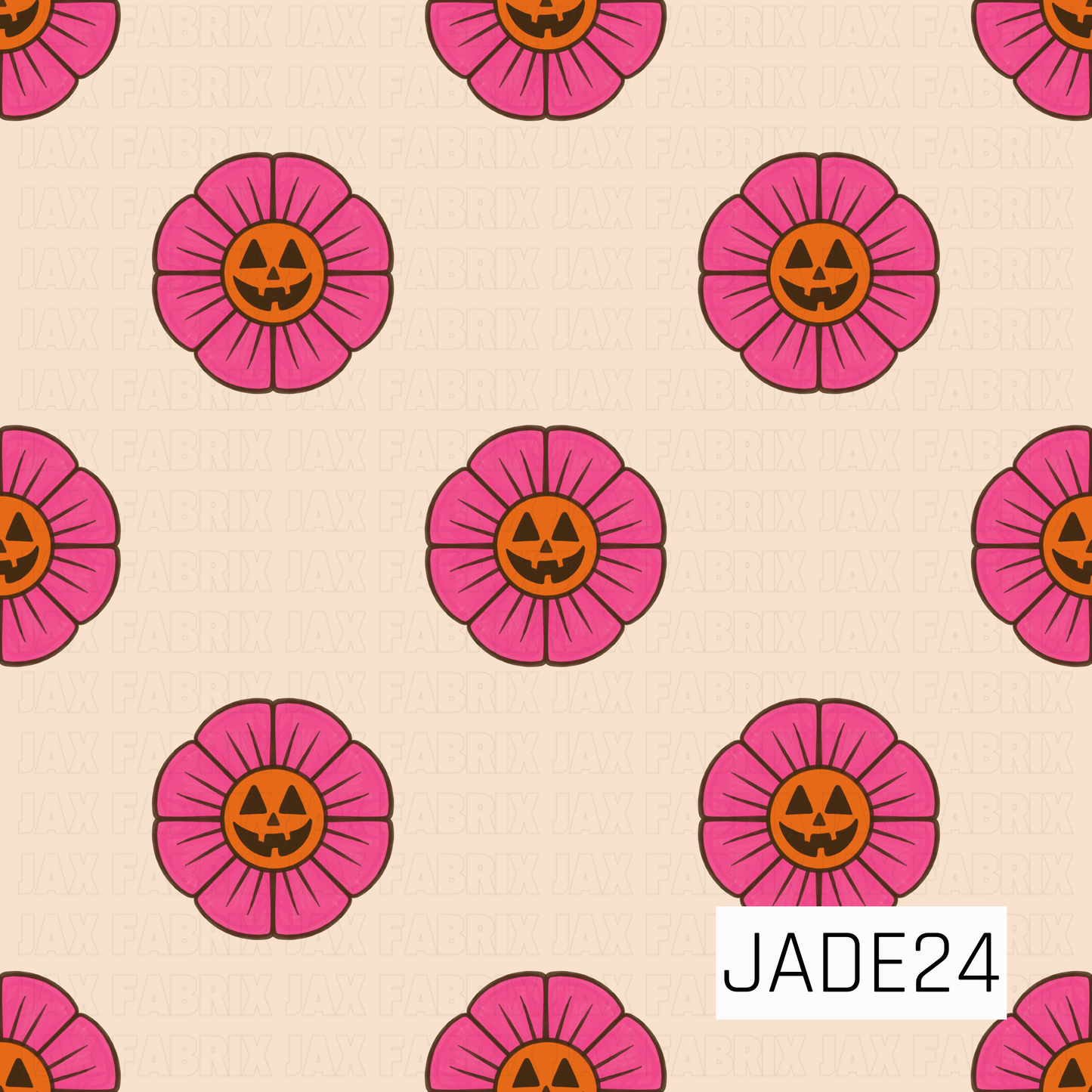 A seamless floral toss pattern featuring bright pink blossoms with cheerful jack-o'-lantern centers scattered across a soft cream background. Each flower combines bold pumpkin-orange faces with vibrant petals and fine radiating details, creating a playful blend of Halloween whimsy and retro floral charm. Perfect for spooky-cute projects, festive fall accessories, and colorful seasonal creations.
