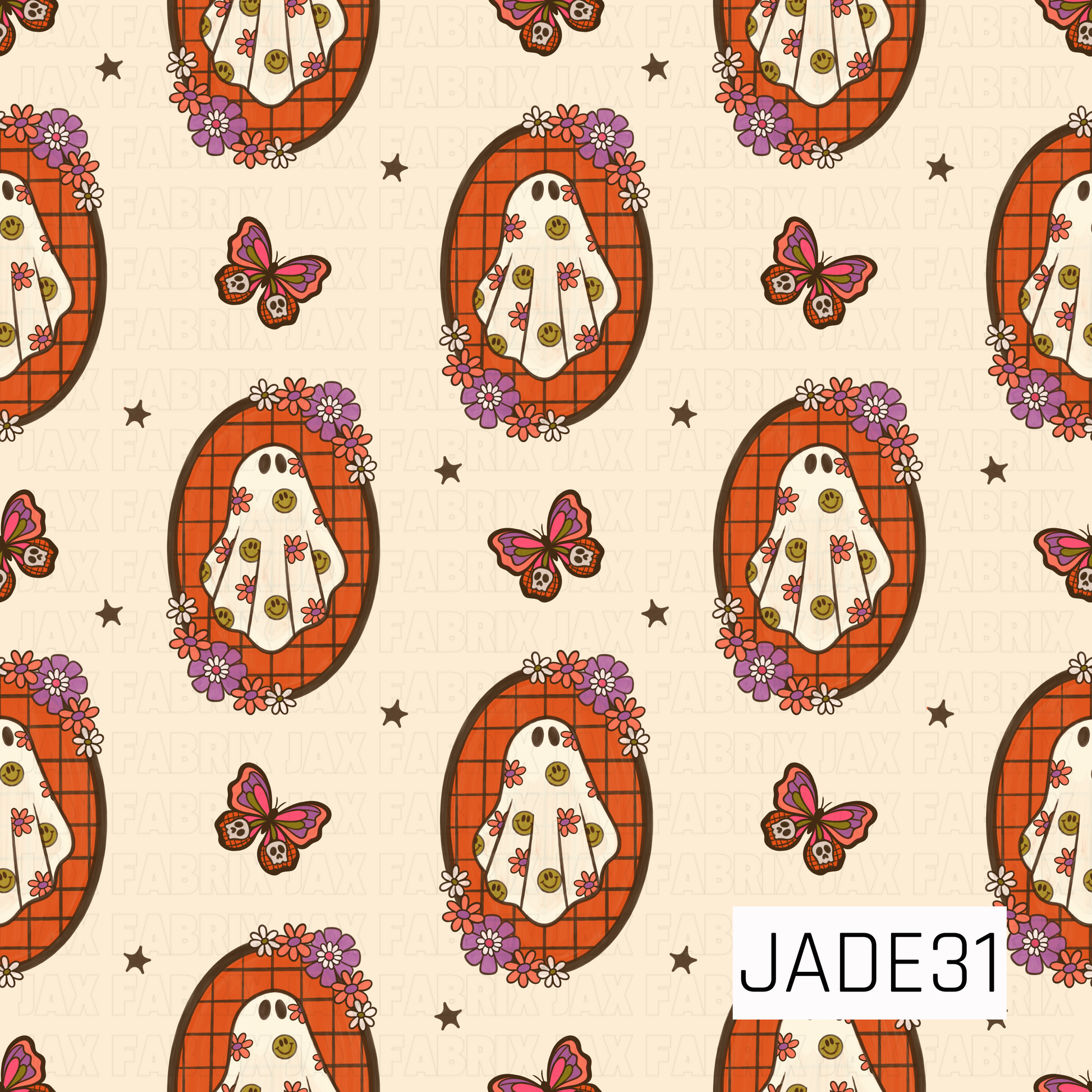 A seamless tossed pattern featuring floral ghosts framed in orange plaid ovals, accented with colorful blooms, skull-wing butterflies, and scattered stars on a soft cream background. This retro-inspired design blends whimsical florals with spooky-cute Halloween charm.
