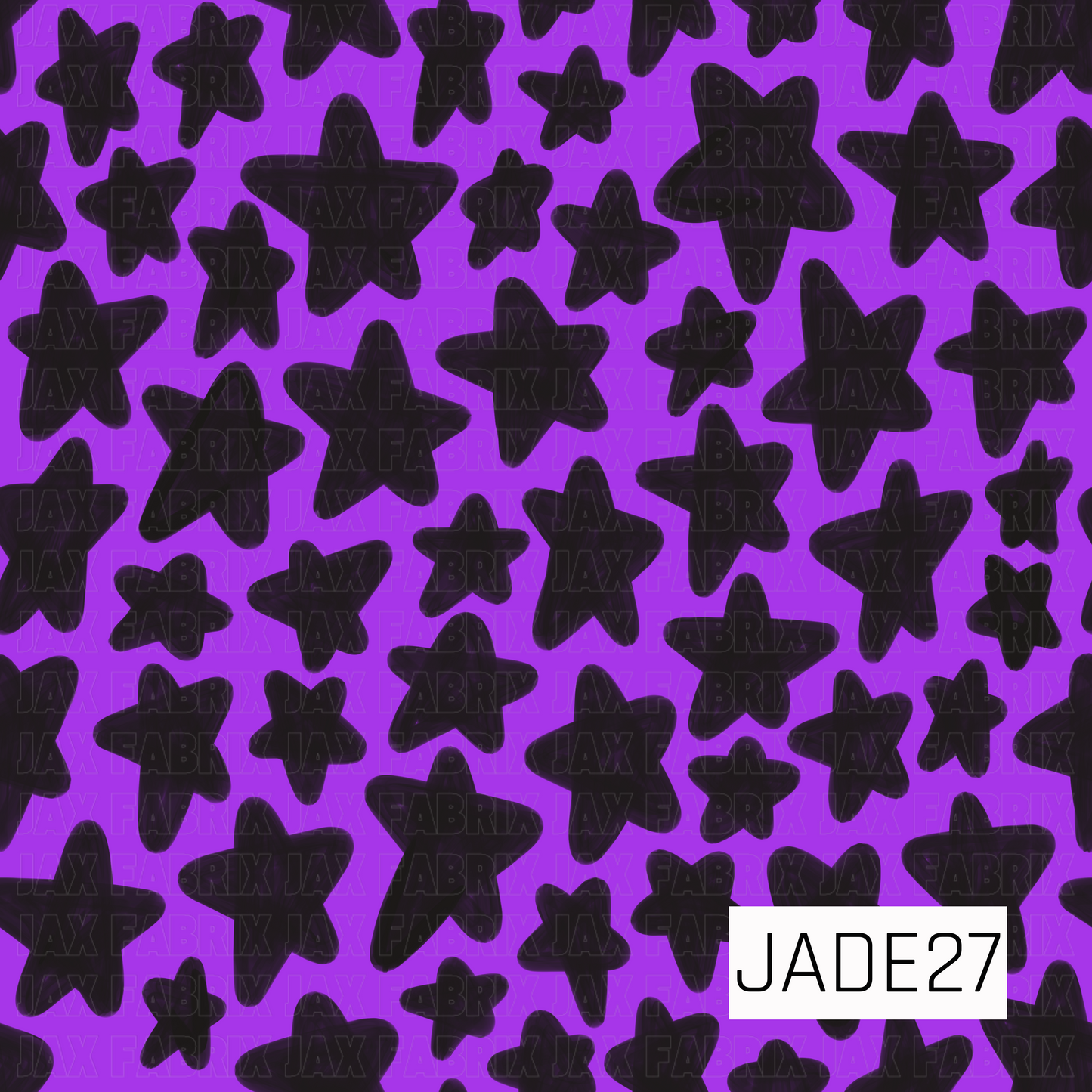 A seamless scattered star pattern featuring organic, hand-drawn black stars in varying sizes across a vibrant purple background. The playful arrangement creates a bold retro-inspired look with a whimsical, spooky-season feel. Perfect as a coordinating print for Halloween collections, celestial themes, gothic-inspired projects, and colorful statement accessories.
