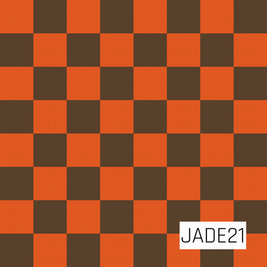 A seamless buffalo check pattern featuring alternating squares in vibrant pumpkin orange and deep espresso brown. The classic checkered layout creates a bold, rustic look with strong contrast and a timeless farmhouse aesthetic. Perfect for Halloween, fall-themed projects, autumn décor, and seasonal accessories.
