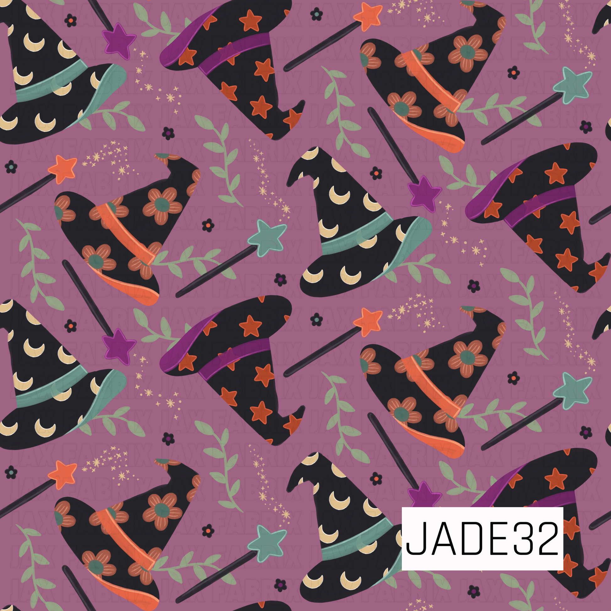 A seamless tossed pattern featuring whimsical witch hats decorated with moons, stars, and floral accents, scattered across a dusty purple background. Magic wands, sparkling stardust trails, delicate greenery, and tiny blooms are woven throughout the design, creating a charming retro-spooky aesthetic. Perfect for Halloween projects, witchy accessories, and magical seasonal creations.
