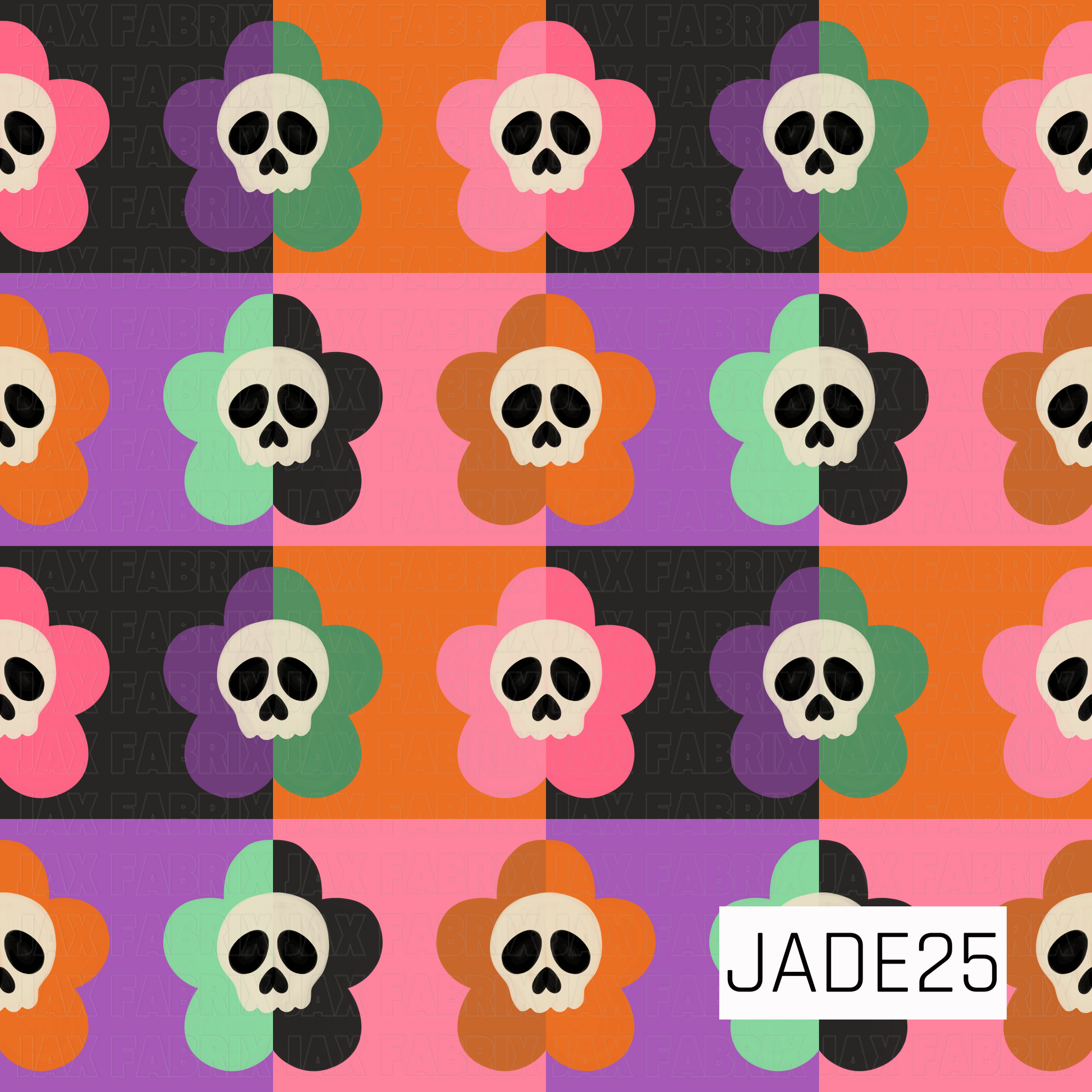 A seamless patchwork pattern featuring whimsical skull-centered flowers arranged across a bold checkerboard background. The flowers showcase playful color combinations of pink, orange, mint green, purple, and black petals with cream skull centers, creating a fun retro-spooky aesthetic. Set against alternating blocks of coordinating Halloween-inspired colors, this design blends gothic charm with vibrant vintage flair, making it perfect for spooky season projects, and colorful Halloween creations
