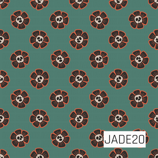 A seamless pattern featuring scattered black floral blooms with cream skull centers and bold orange outlines on a muted jade-green background. The whimsical hand-drawn flowers are accented with fine radiating details, creating a playful spooky aesthetic that blends gothic charm with retro floral style. Perfect for Halloween-inspired projects, cottage goth themes, and year-round spooky designs.
