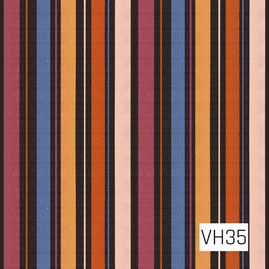 Harvest Bloom Midnight Stripe features a coordinating stripe pattern in rich plum, dusty blue, golden mustard, rust orange, blush, and charcoal. The warm autumn palette pairs perfectly with the Harvest Bloom collection, adding a classic, versatile coordinate with a cozy vintage feel.
