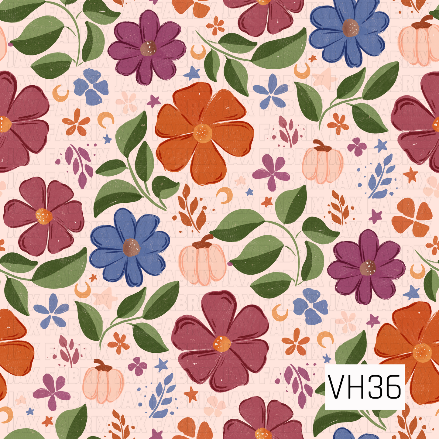 Harvest Bloom Blush Floral features a charming mix of rich plum, dusty blue, and warm rust florals accented with leafy greenery, delicate stars, tiny crescent moons, and soft blush pumpkins on a light blush background. This whimsical fall design combines cozy seasonal colors with a playful floral aesthetic perfect for autumn.
