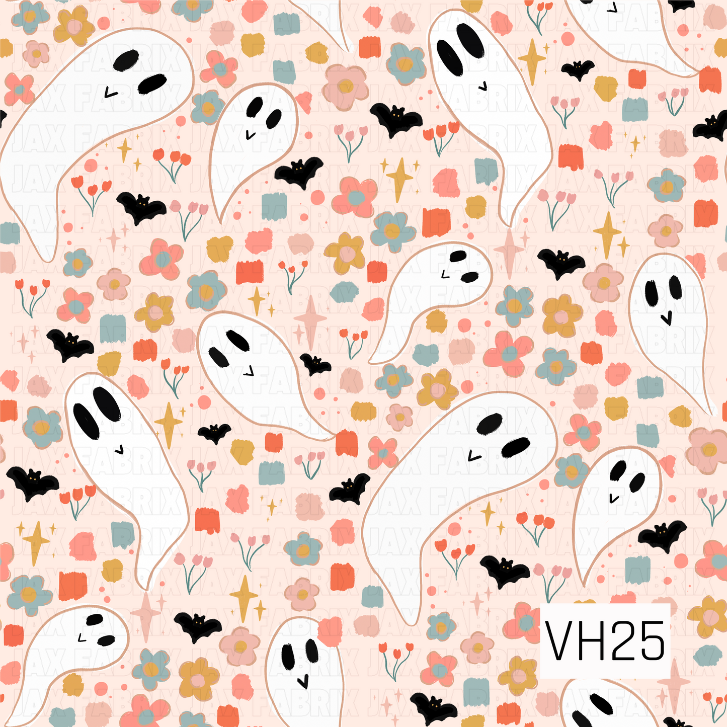 A playful Halloween pattern featuring friendly white ghosts floating among tiny black bats, colorful wildflowers, twinkling stars, and scattered painterly accents on a soft blush background. The cheerful pastel palette gives this spooky design a sweet, whimsical feel that's perfect for a cute, vintage-inspired Halloween collection.

