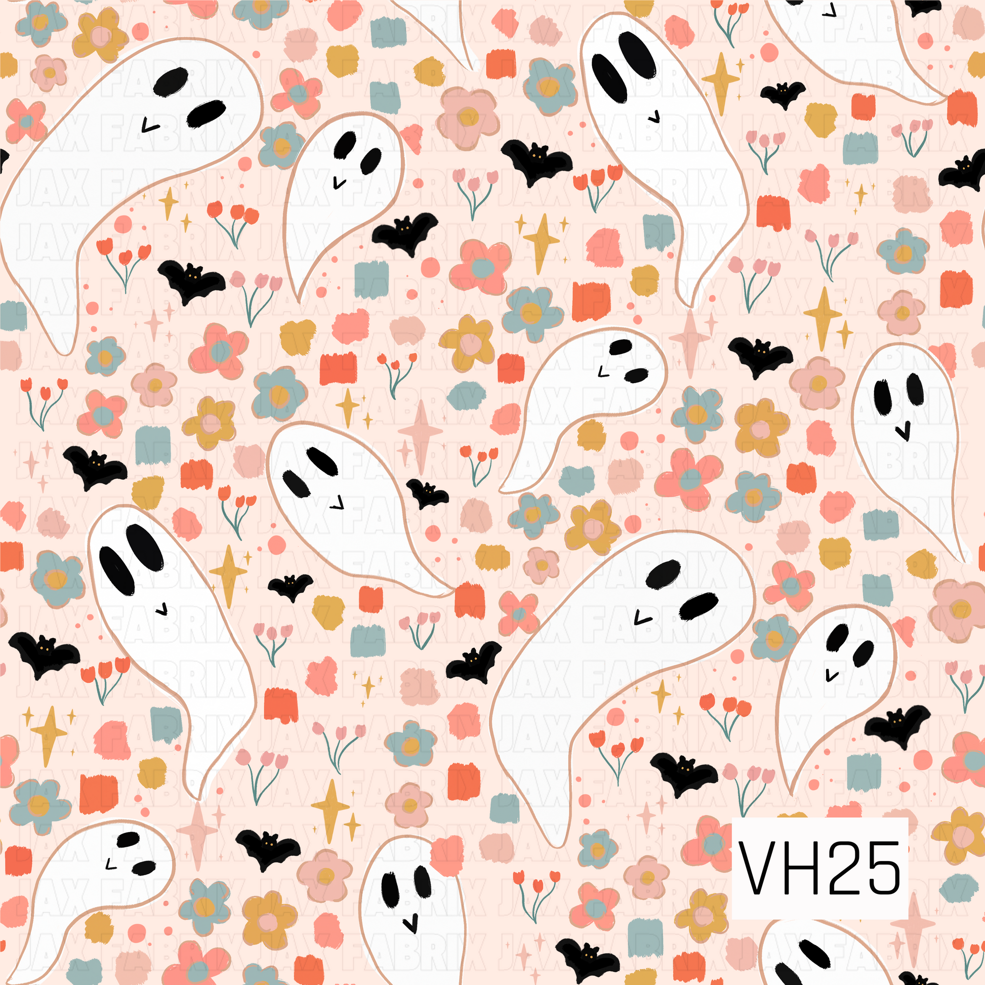 A playful Halloween pattern featuring friendly white ghosts floating among tiny black bats, colorful wildflowers, twinkling stars, and scattered painterly accents on a soft blush background. The cheerful pastel palette gives this spooky design a sweet, whimsical feel that's perfect for a cute, vintage-inspired Halloween collection.
