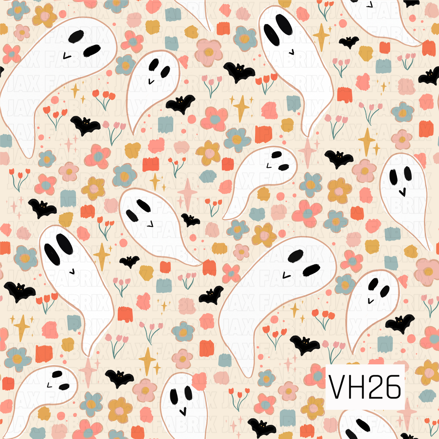 A charming Halloween pattern featuring friendly floating ghosts surrounded by tiny black bats, colorful wildflowers, scattered painterly brushstrokes, and twinkling golden stars on a soft cream background. The playful pastel palette creates a sweet, whimsical design that blends spooky fun with a cheerful floral touch.

