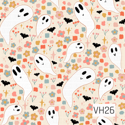 A charming Halloween pattern featuring friendly floating ghosts surrounded by tiny black bats, colorful wildflowers, scattered painterly brushstrokes, and twinkling golden stars on a soft cream background. The playful pastel palette creates a sweet, whimsical design that blends spooky fun with a cheerful floral touch.
