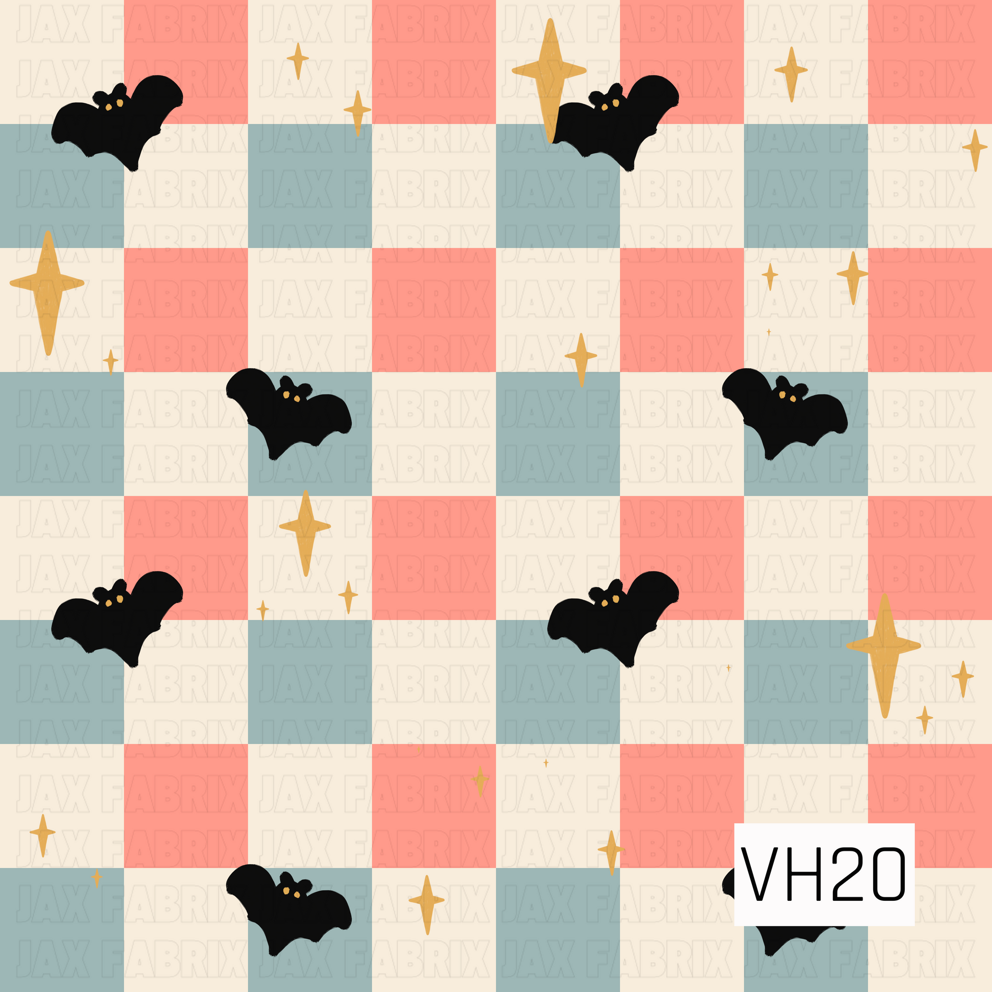 A playful Halloween plaid featuring soft cream, dusty blue, and coral pink gingham with scattered black bats and golden stars. This charming design blends classic plaid with whimsical spooky details for a fun vintage-inspired fall look.
