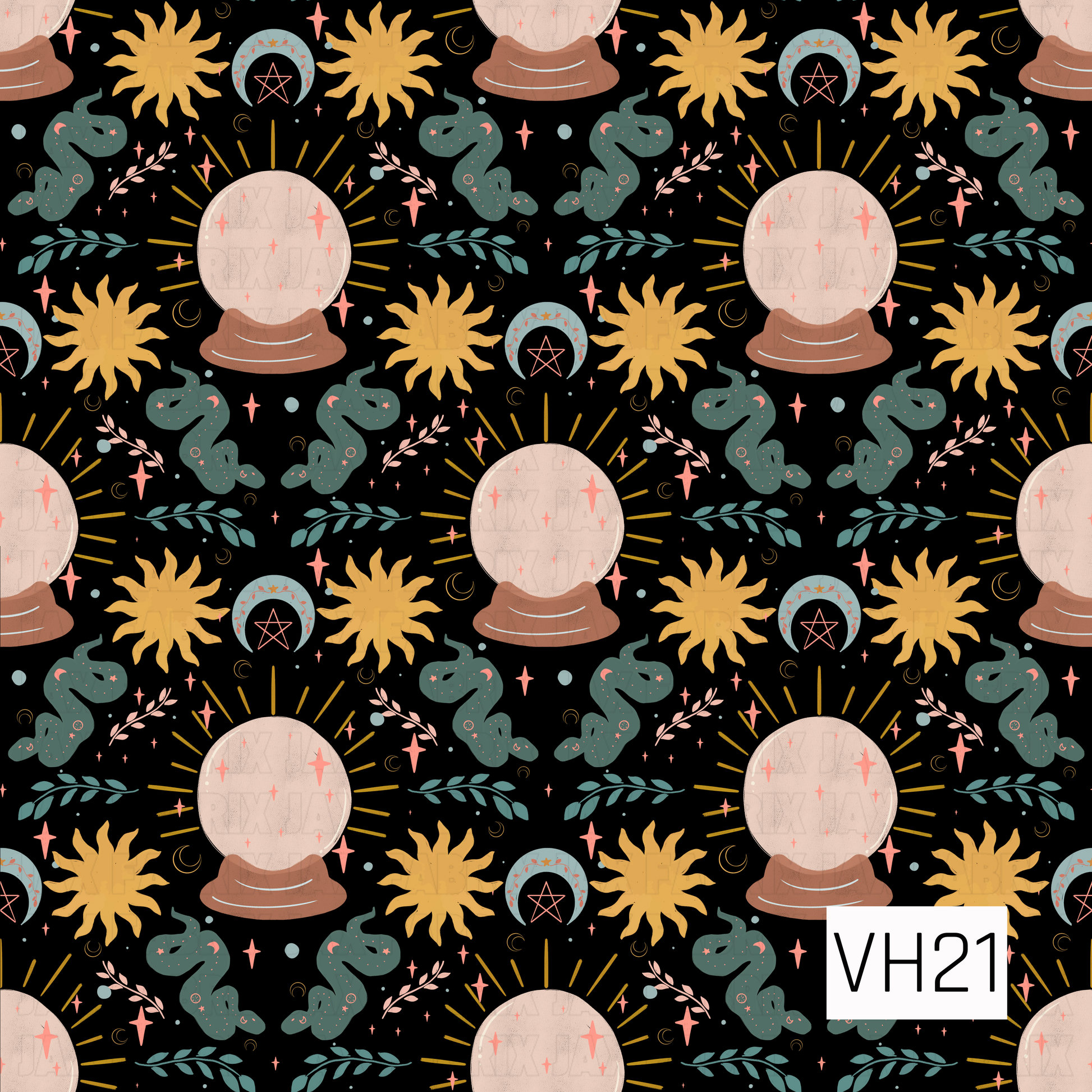 A whimsical celestial pattern featuring glowing crystal balls, golden suns, crescent moons, mystical snakes, stars, and delicate botanical accents scattered across a rich black background. The hand-painted artwork combines vintage fortune-teller charm with a magical boho aesthetic in warm gold, dusty teal, blush pink, and earthy brown tones.
