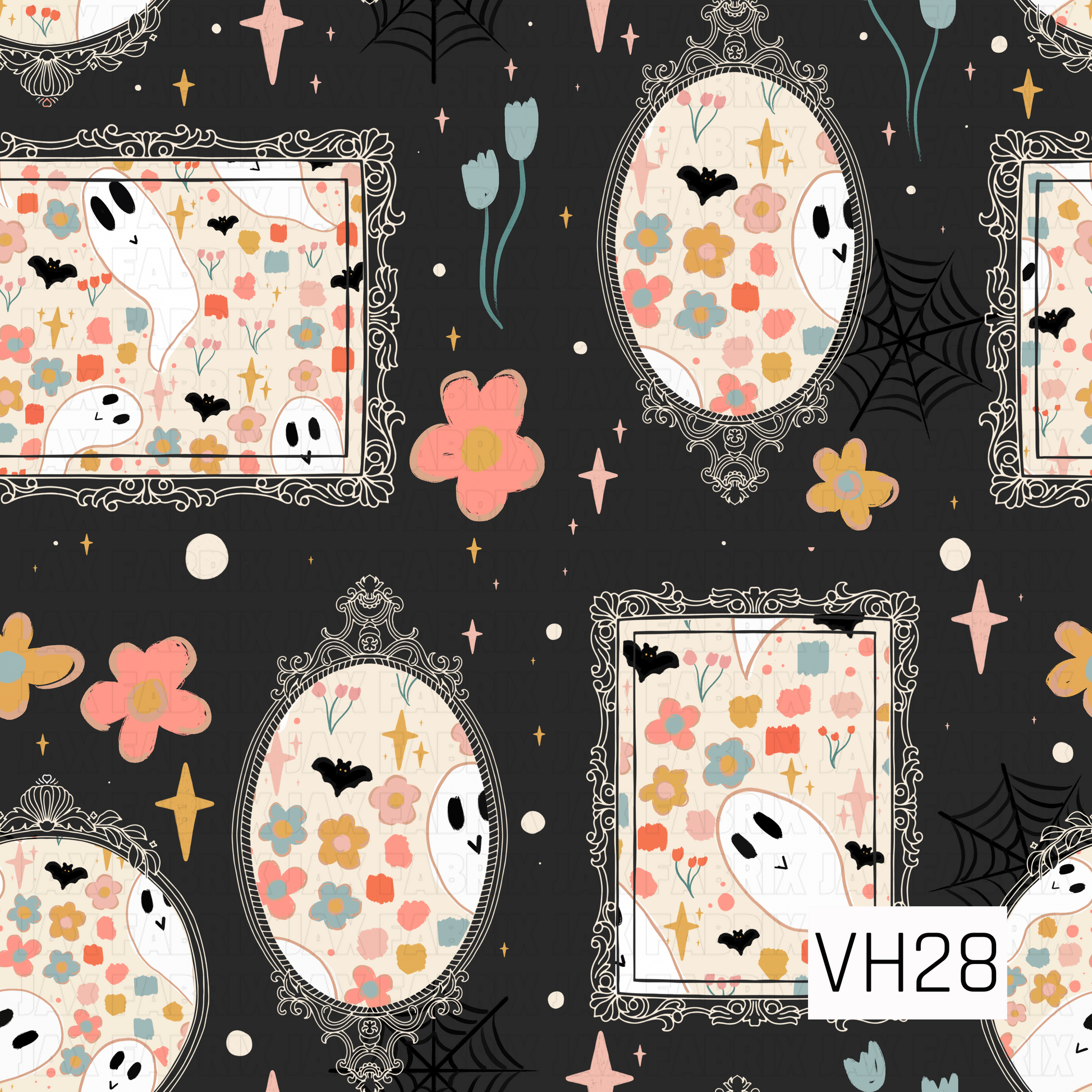 A charming haunted gallery pattern featuring ornate vintage picture frames displaying playful ghost and floral artwork, set against a deep charcoal background. Delicate spiderwebs, tiny bats, twinkling stars, scattered blooms, and whimsical accents create a cozy, vintage-inspired Halloween design with just the right touch of spooky charm.
