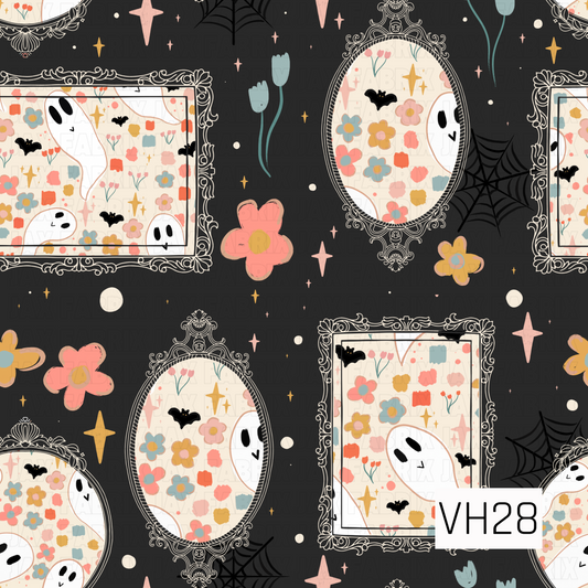 A charming haunted gallery pattern featuring ornate vintage picture frames displaying playful ghost and floral artwork, set against a deep charcoal background. Delicate spiderwebs, tiny bats, twinkling stars, scattered blooms, and whimsical accents create a cozy, vintage-inspired Halloween design with just the right touch of spooky charm.

