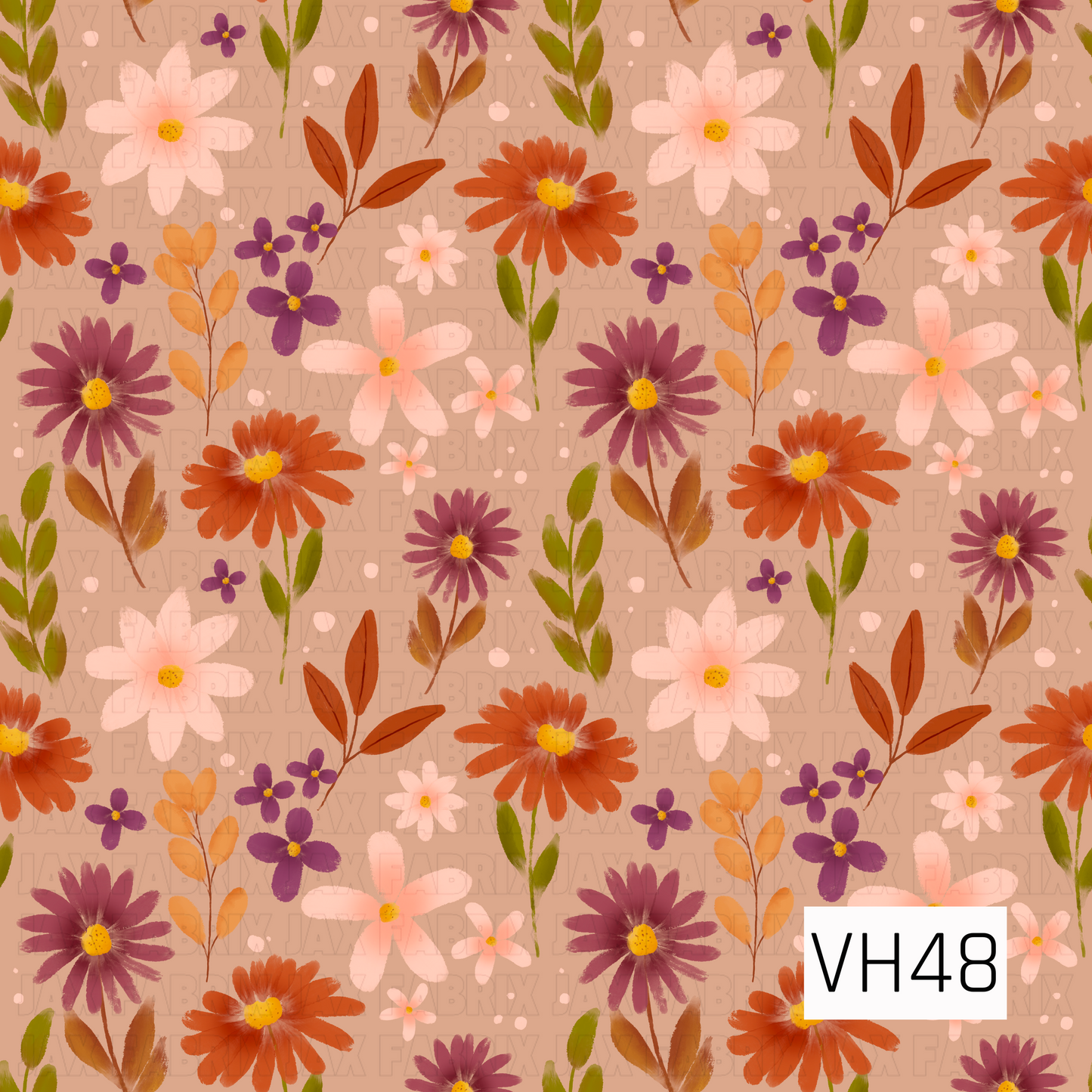 Warm hand-painted floral pattern featuring rust orange, dusty plum, soft blush, and golden blooms with olive green and autumn-toned leaves on a muted peach background.
