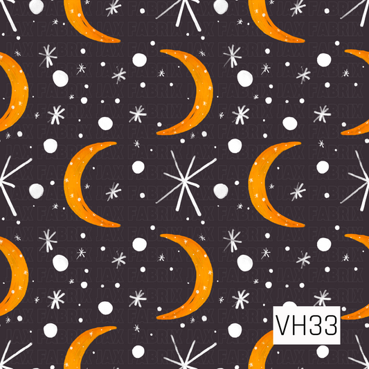 A celestial pattern featuring golden crescent moons scattered across a deep charcoal background with white stars, dots, and sparkling starbursts. The simple, hand-painted design creates a magical nighttime feel with warm golden tones and whimsical celestial accents.
