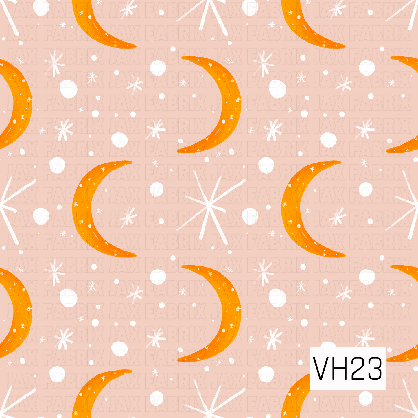 A playful celestial pattern featuring warm golden crescent moons scattered across a soft blush background with twinkling white stars and sparkling dots. The simple hand-painted design adds a whimsical, magical touch with a cozy vintage feel perfect for fall and Halloween-inspired creations.
