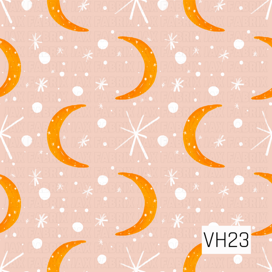 A playful celestial pattern featuring warm golden crescent moons scattered across a soft blush background with twinkling white stars and sparkling dots. The simple hand-painted design adds a whimsical, magical touch with a cozy vintage feel perfect for fall and Halloween-inspired creations.
