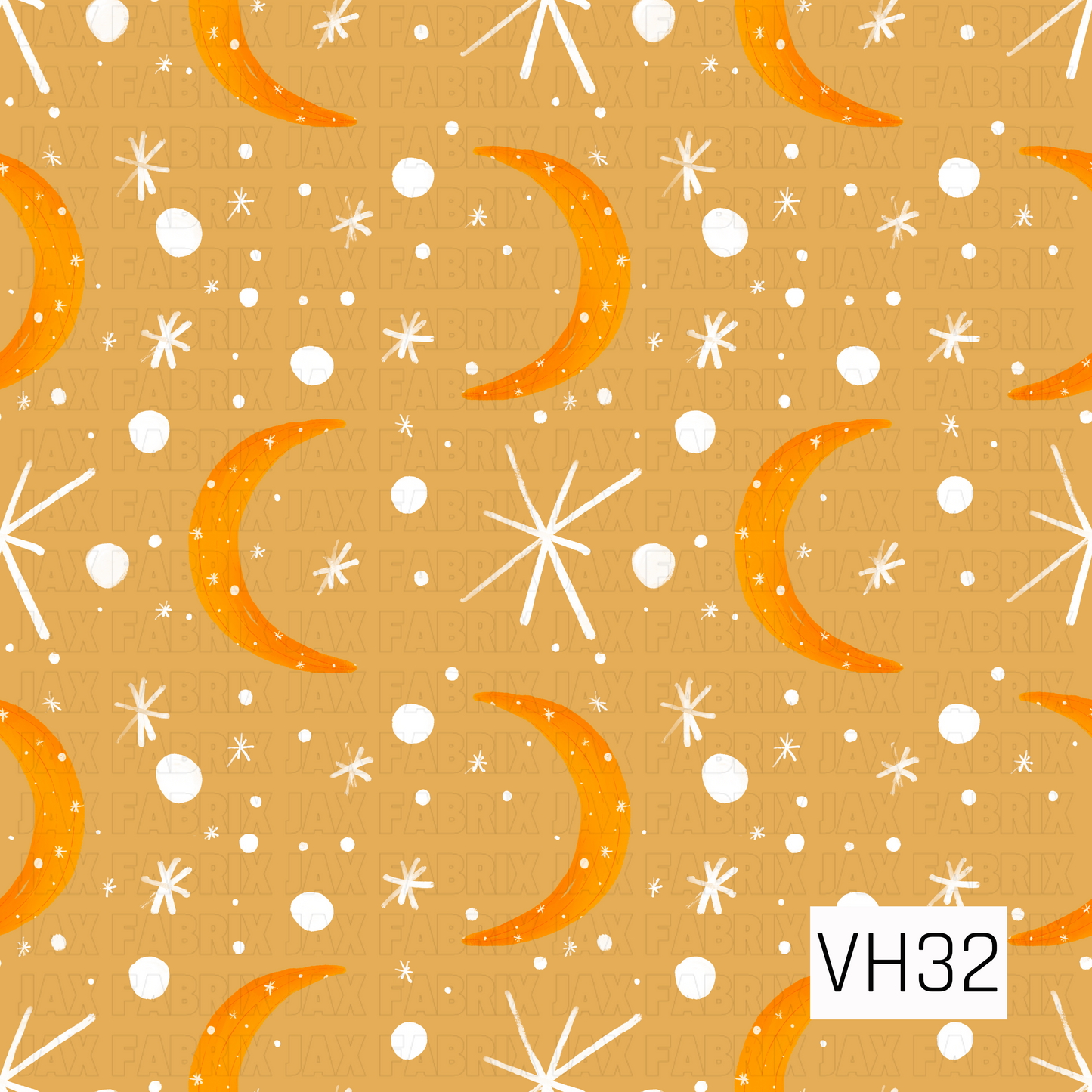 A celestial pattern featuring warm golden crescent moons scattered across a golden mustard background with white stars, dots, and sparkling starbursts. The hand-painted design creates a cozy, whimsical nighttime feel with warm autumn-inspired colors and magical celestial accents.
