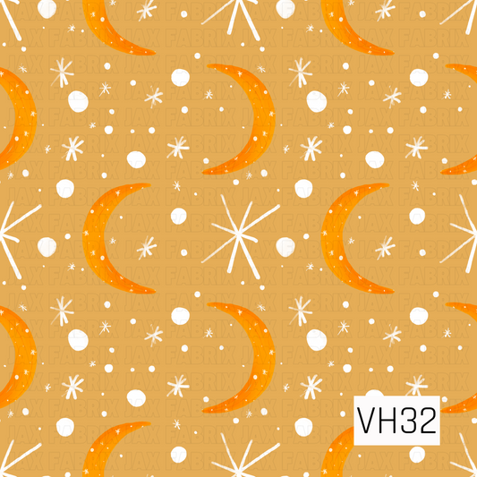A celestial pattern featuring warm golden crescent moons scattered across a golden mustard background with white stars, dots, and sparkling starbursts. The hand-painted design creates a cozy, whimsical nighttime feel with warm autumn-inspired colors and magical celestial accents.
