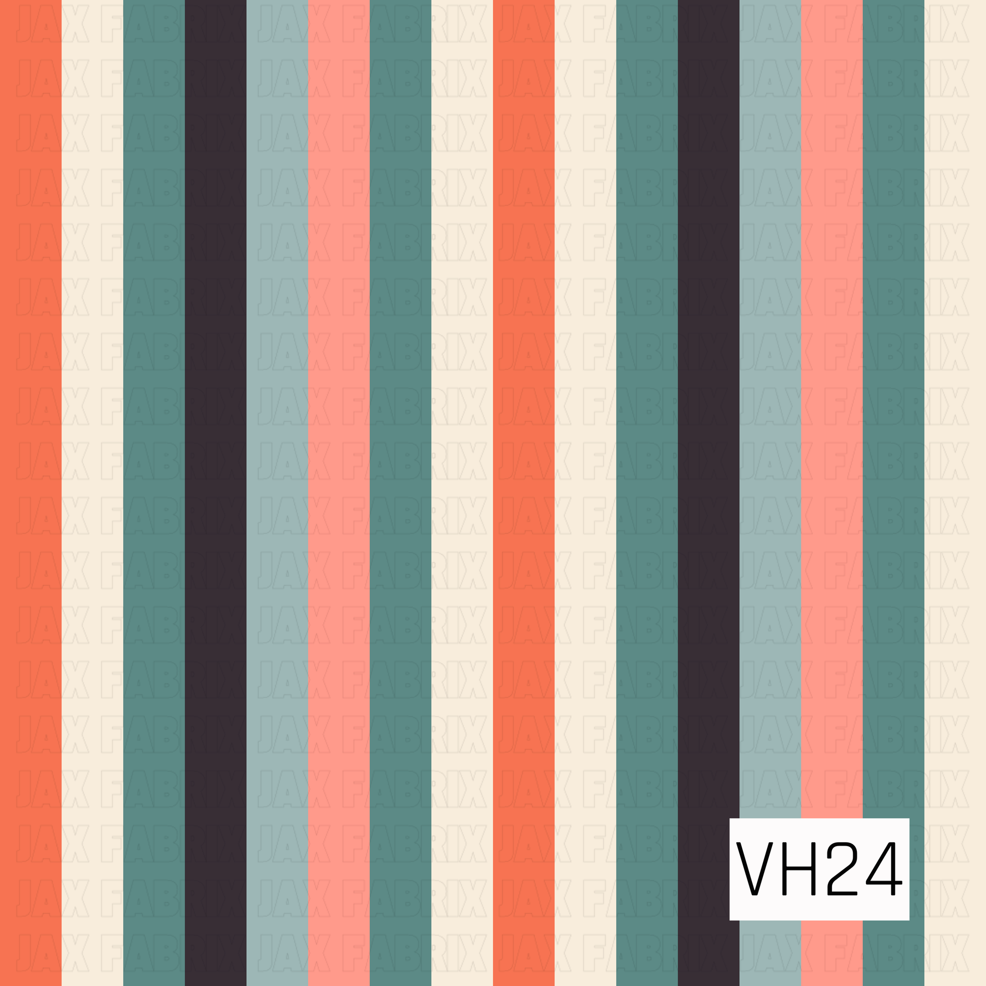 A bold striped coordinate featuring alternating bands of coral, blush pink, teal, light blue, cream, and deep charcoal. This clean, colorful design adds a playful retro touch and pairs beautifully with whimsical, celestial, and Halloween-inspired collections.
