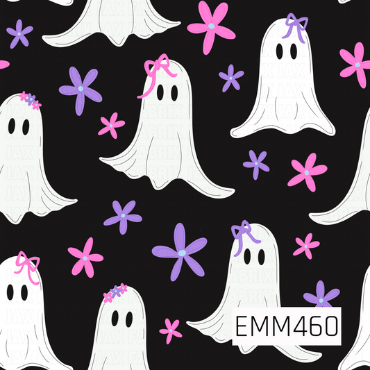 A playful Halloween design featuring sweet white ghosts dressed up with pink and purple bows and floral crowns. Bright pink and purple flowers pop against the solid black background.
