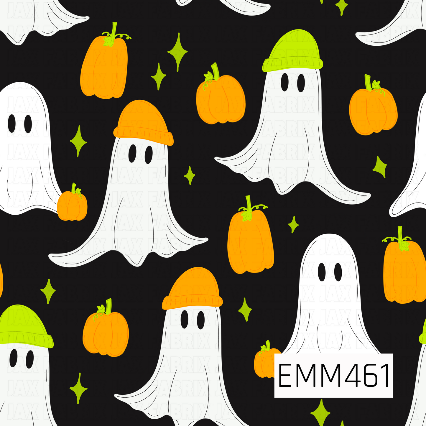 A playful Halloween design featuring white ghosts in bright orange and lime green beanies, surrounded by cheerful pumpkins and sparkling stars on a black background.

