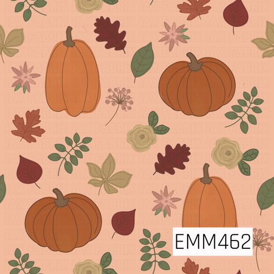 A cozy, hand-drawn autumn pattern featuring rustic orange pumpkins, fall leaves, delicate flowers, berries, and leafy sprigs in warm, muted earth tones against a soft peach background.
